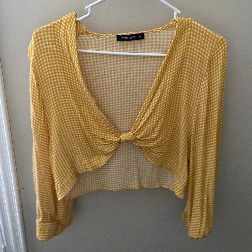 Yellow cropped front knot shirt